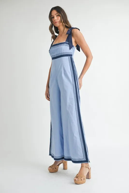 Linen Mix Chevron Sail Shoulder Strap Jumpsuit