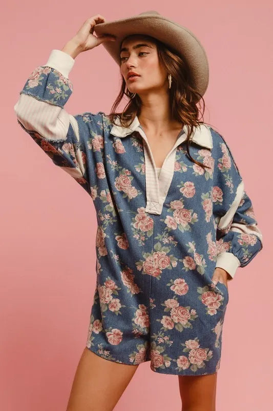 Washed Floral Denim Romper With Contrast Collar