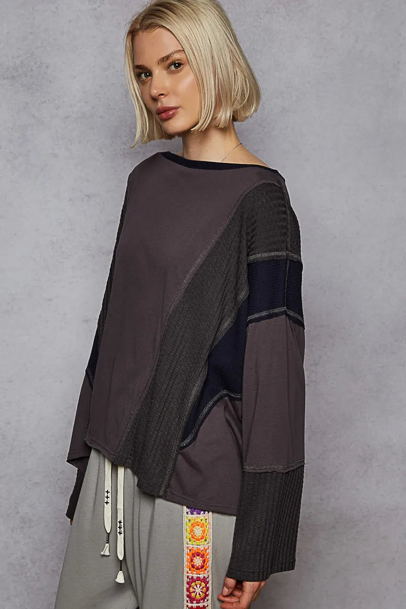 Patchwork Boat Neck Long Sleeve Top