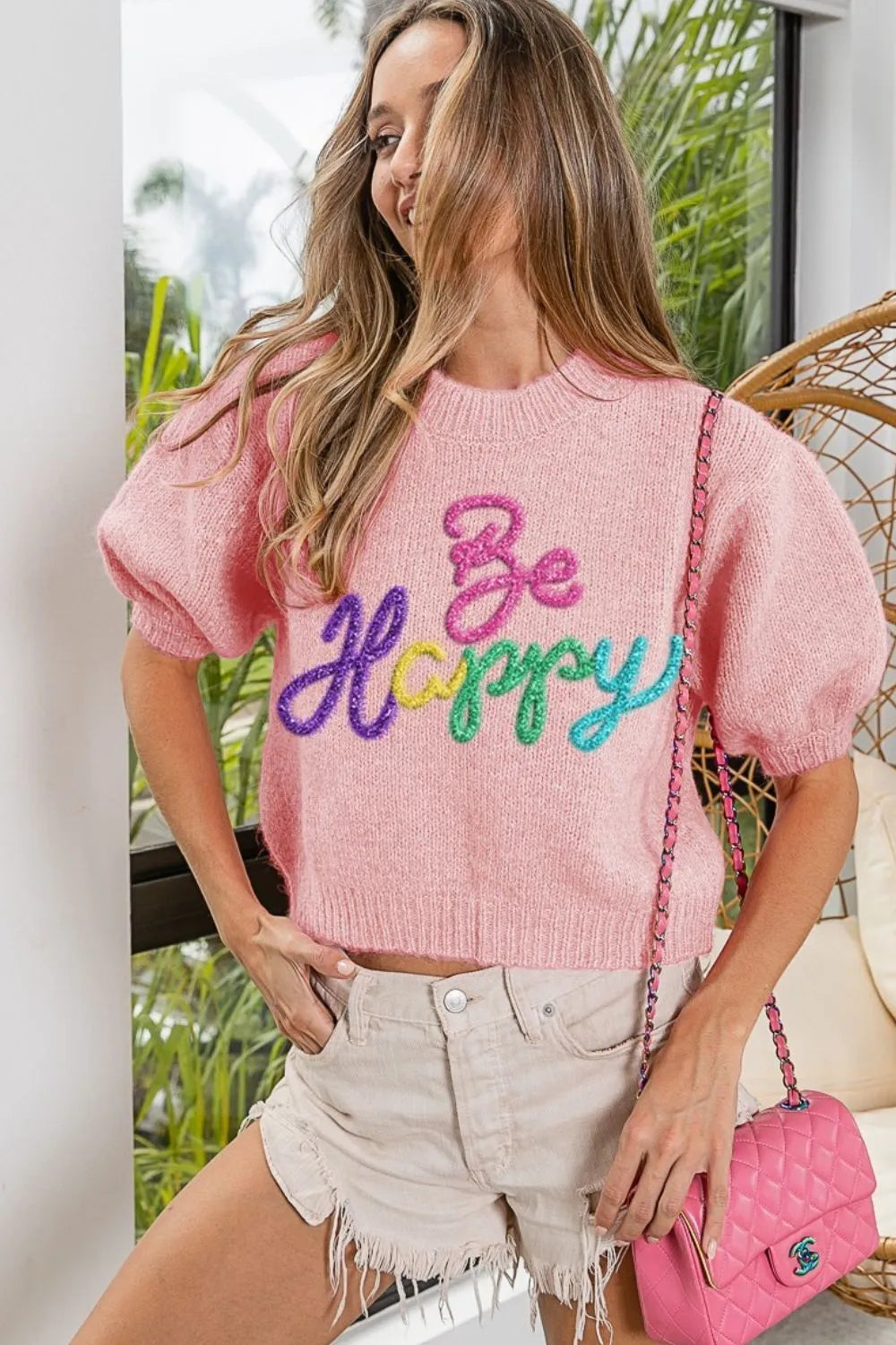 Metallic Letter Short Puff Sleeve Hairy Sweater