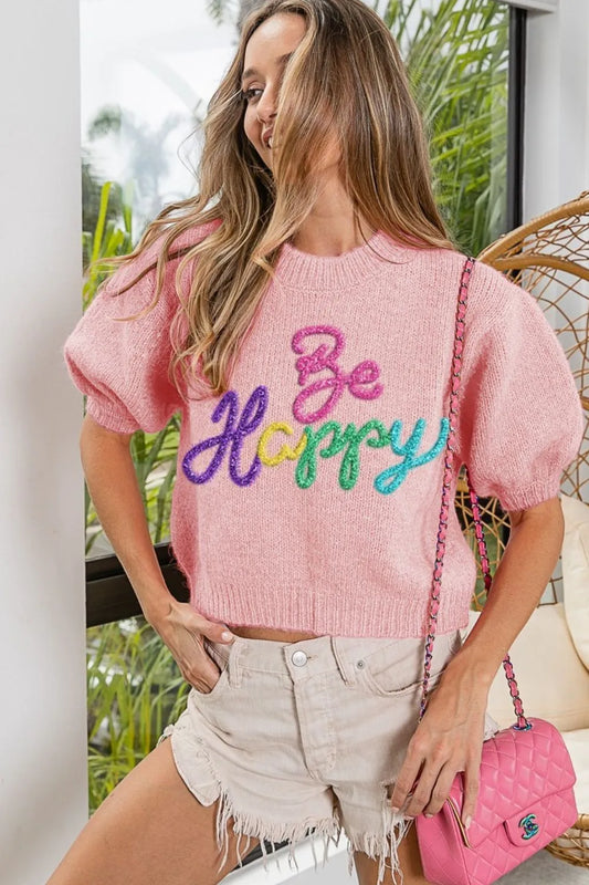 Metallic Letter Short Puff Sleeve Hairy Sweater