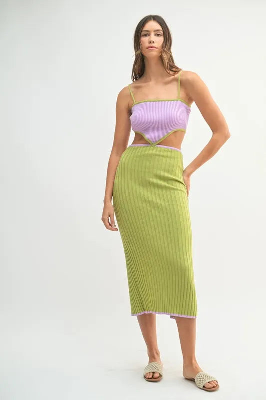 Ribbed Knit Color Block Cutout Midi Dress