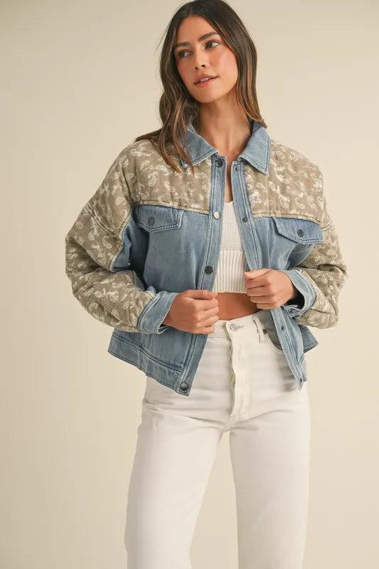 Quilted Paisley Print Contrast Denim Jacket