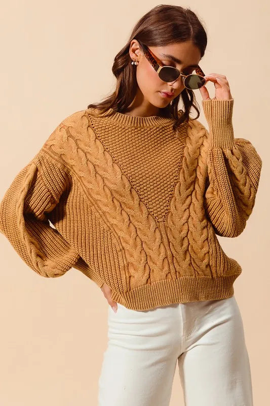 Mineral Washed Loose Fit Textured Cable Sweater