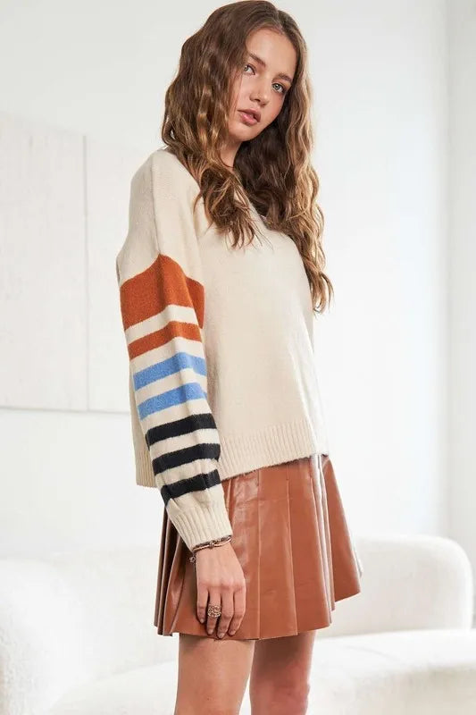 Full Size Stripe Sleeve Cozy Sweater Plus Size