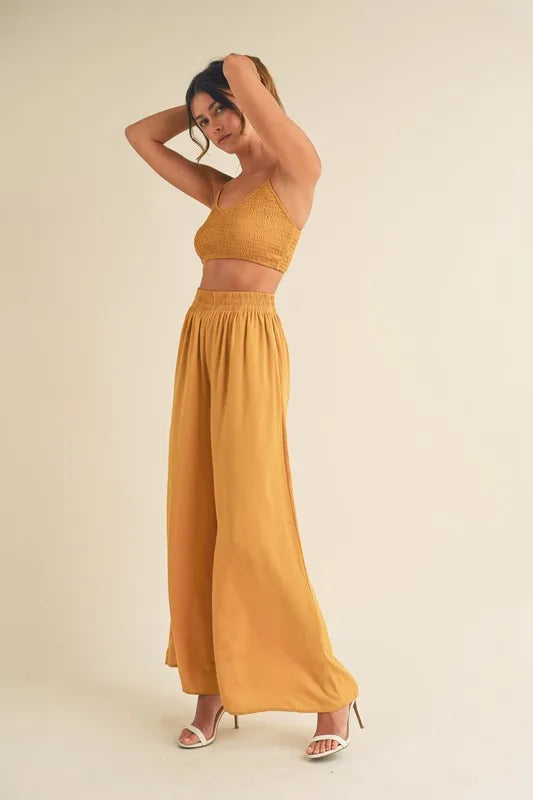 Smocked Bralette Crop Top and Wide Leg Pants Set