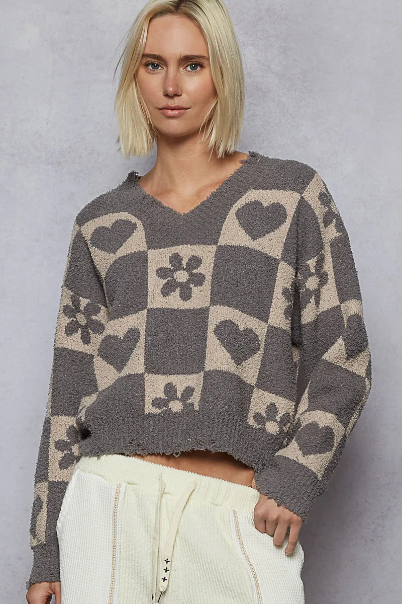 V-Neck Heart Paw Print Checkerboard Sweater
