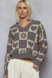 V-Neck Heart Paw Print Checkerboard Sweater