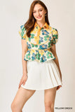 Leafy Pattern Puff Sleeve Cropped Top