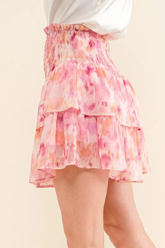 Printed Lurex Smocked Waist Tiered Skort