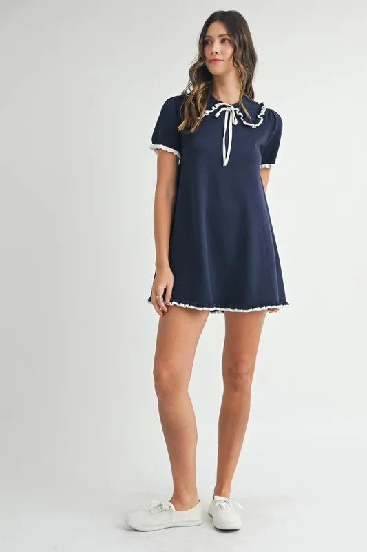 Ruffle Trimmed Collar Fine Knit Mini Dress