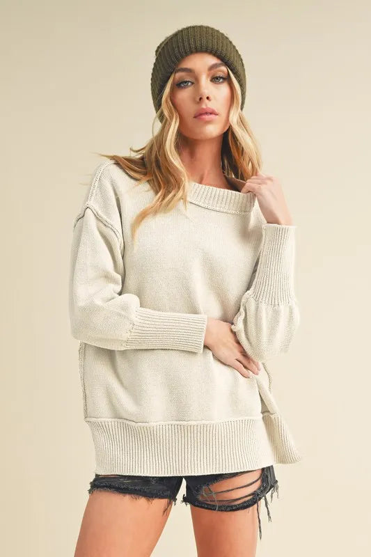 Ribbed Hem Side Slit Round Neck Sweater