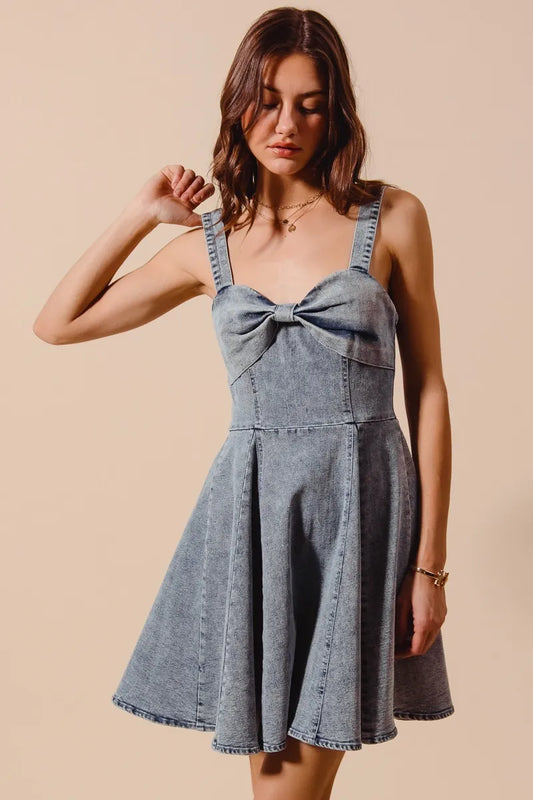 Vintage Bow Ribbon Flare Denim Dress