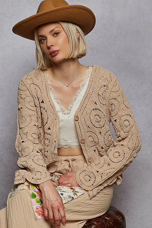 V-Neck Buttoned Crochet Sweater Cardigan