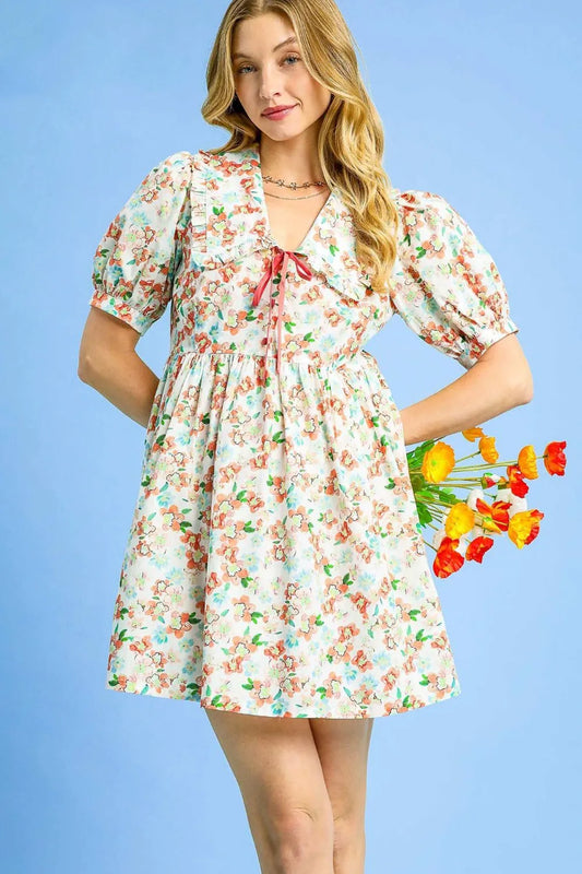 Vintage-Inspired Puff Sleeve Tie-Front Mini Dress