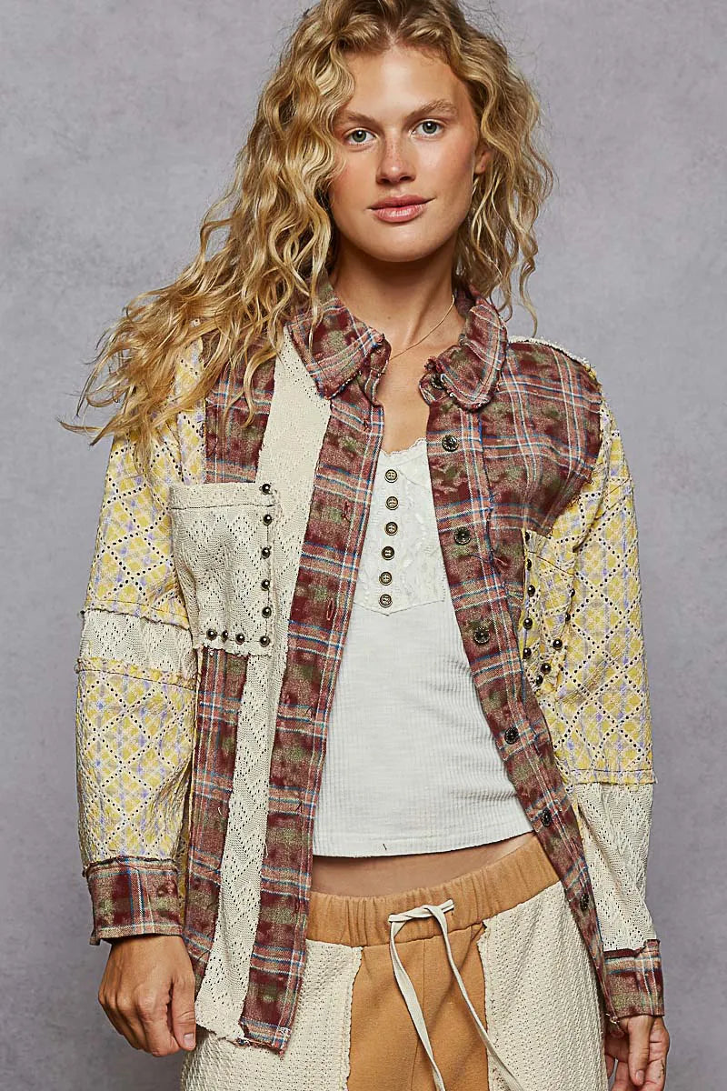 Patchwork Geometric Button-Up Long Sleeve Top