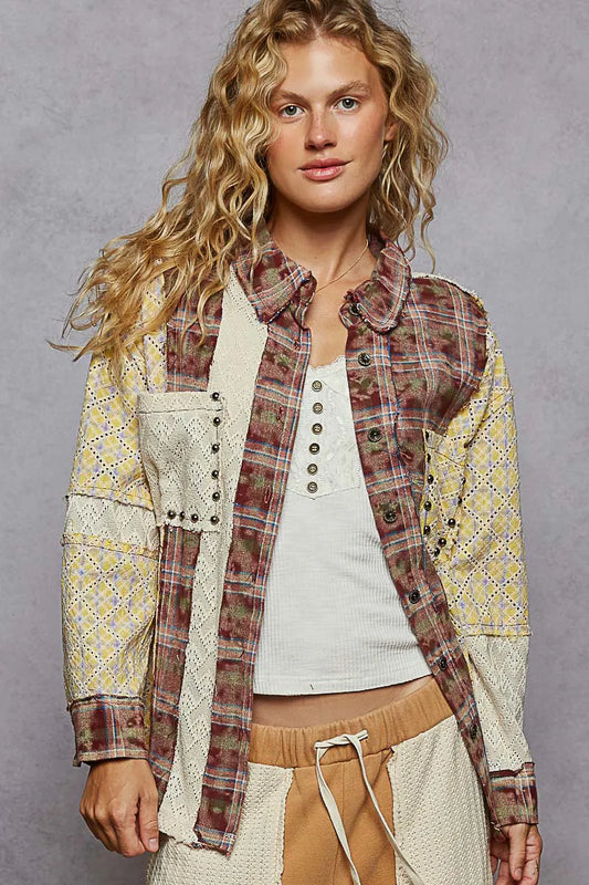 Patchwork Geometric Button-Up Long Sleeve Top