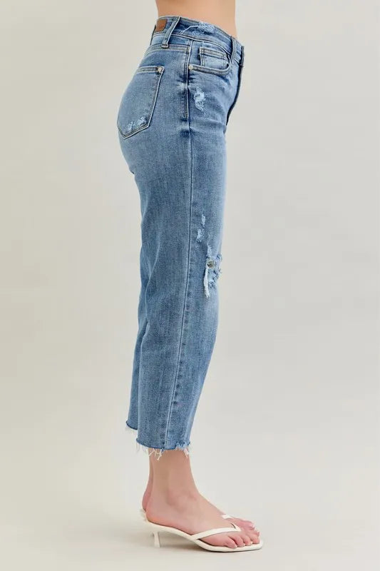 Full Size High Waist Destroy Crop Wide Leg Jeans Plus Size