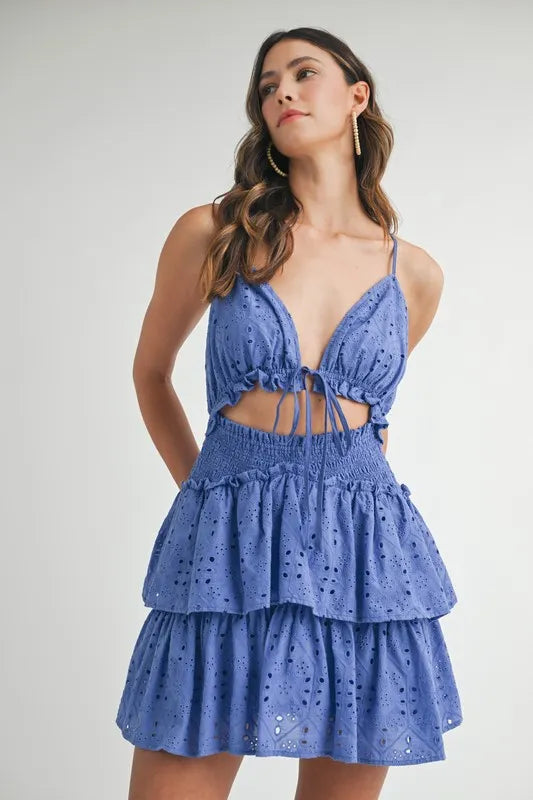 Lace Eyelet Ruffle Mini Dress With Front Cutout