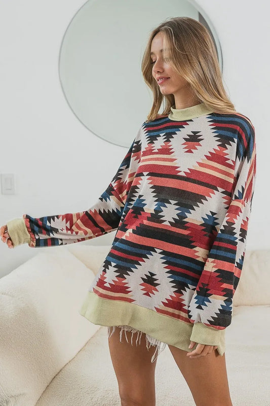Tribal Geometric Oversized Mock Neck Long Sleeve Shirt