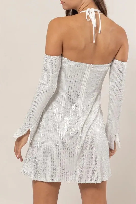 Sequin Rosette Halter Mini Dress