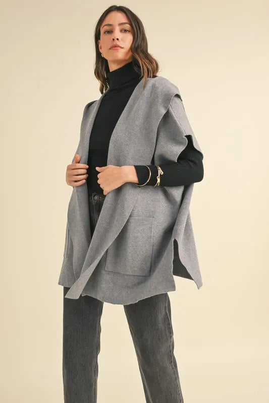 Knit Open Front Hooded Cardigan With Pocket