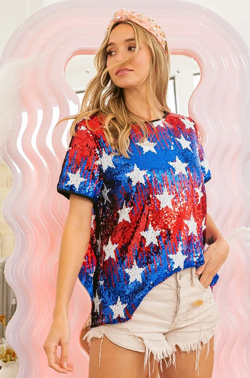 American Theme Star Pattern Sequin Top