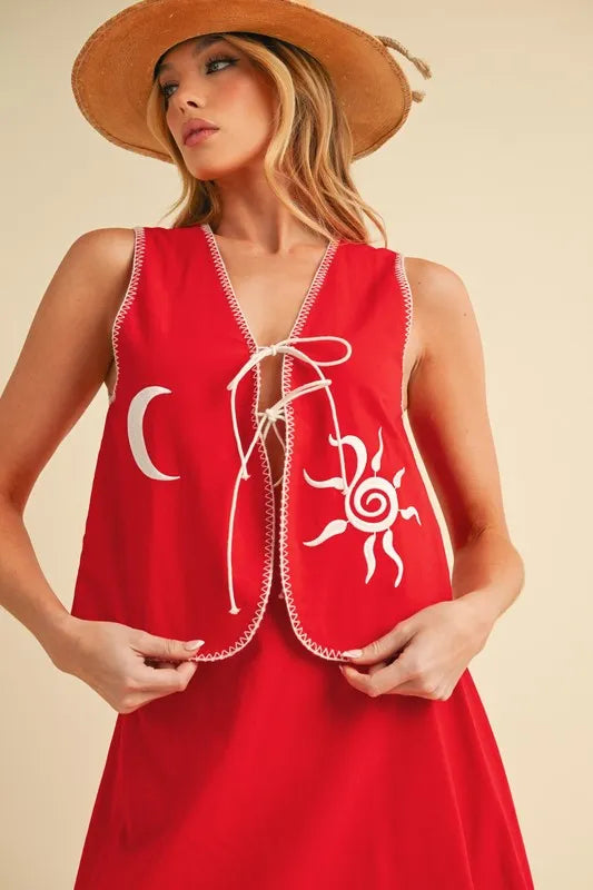 Embroidered Tied Front Vest Coat