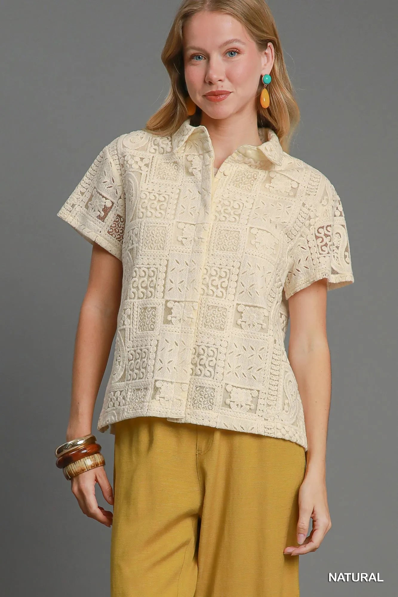 Patch Lace Short Sleeve Button-Up Shirt