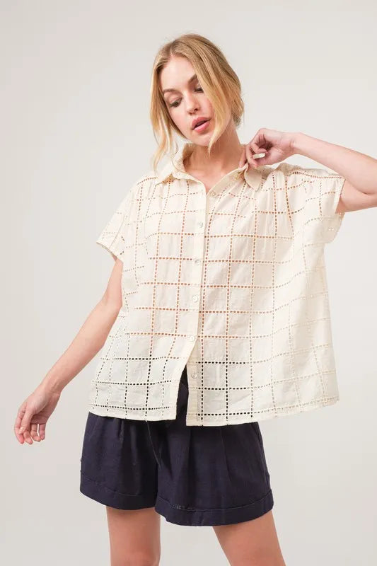 Eyelet Loose Button Down Shirt