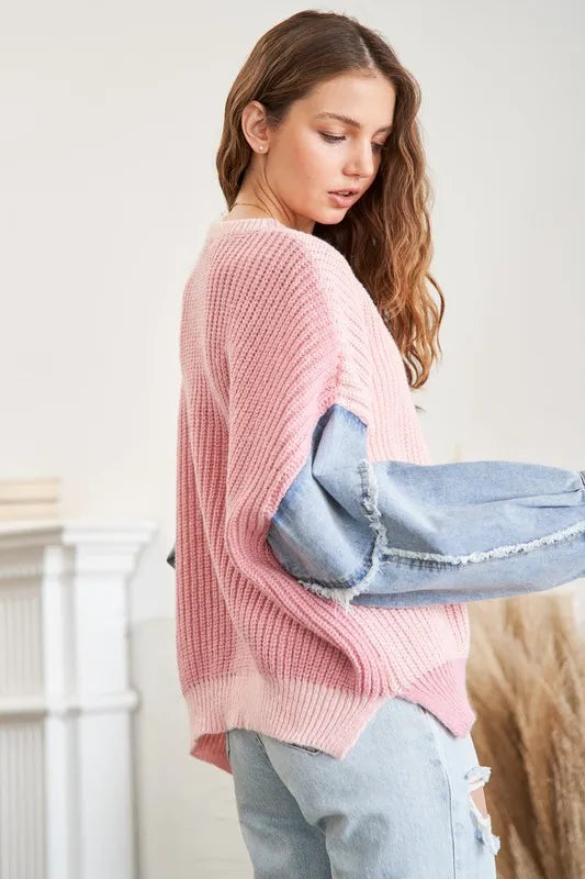 Plus Size Frayed Denim Sleeve Sweater Top