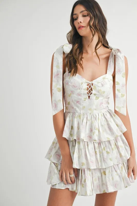 Floral Print Shoulder Tie Layered Mini Dress