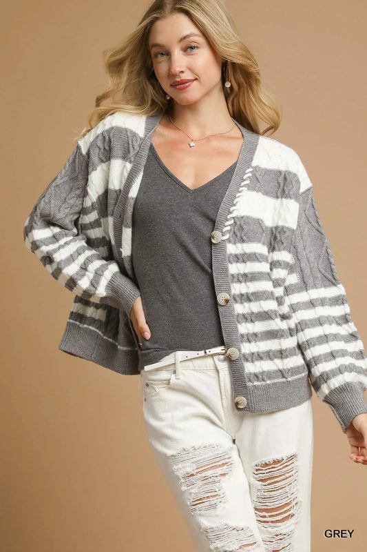 Cable-Knit Stripe Classic Button-Down Cardigan