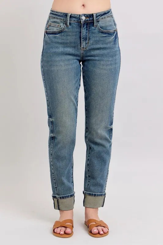 Full Size Mid Rise Vintage Wash Double Roll Cuff Boyfriend Jeans Plus Size