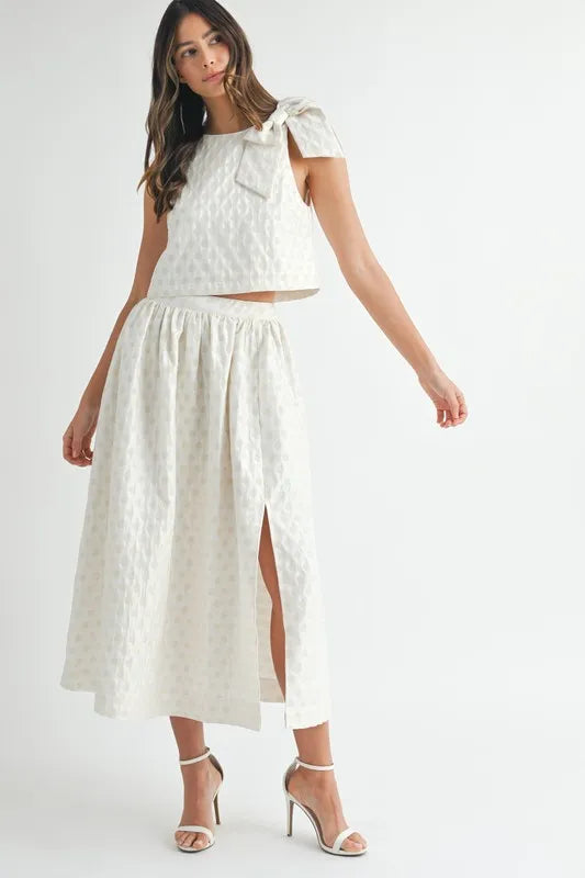 Taffeta Polka Dot Shoulder Ribbon Top and Skirt Set