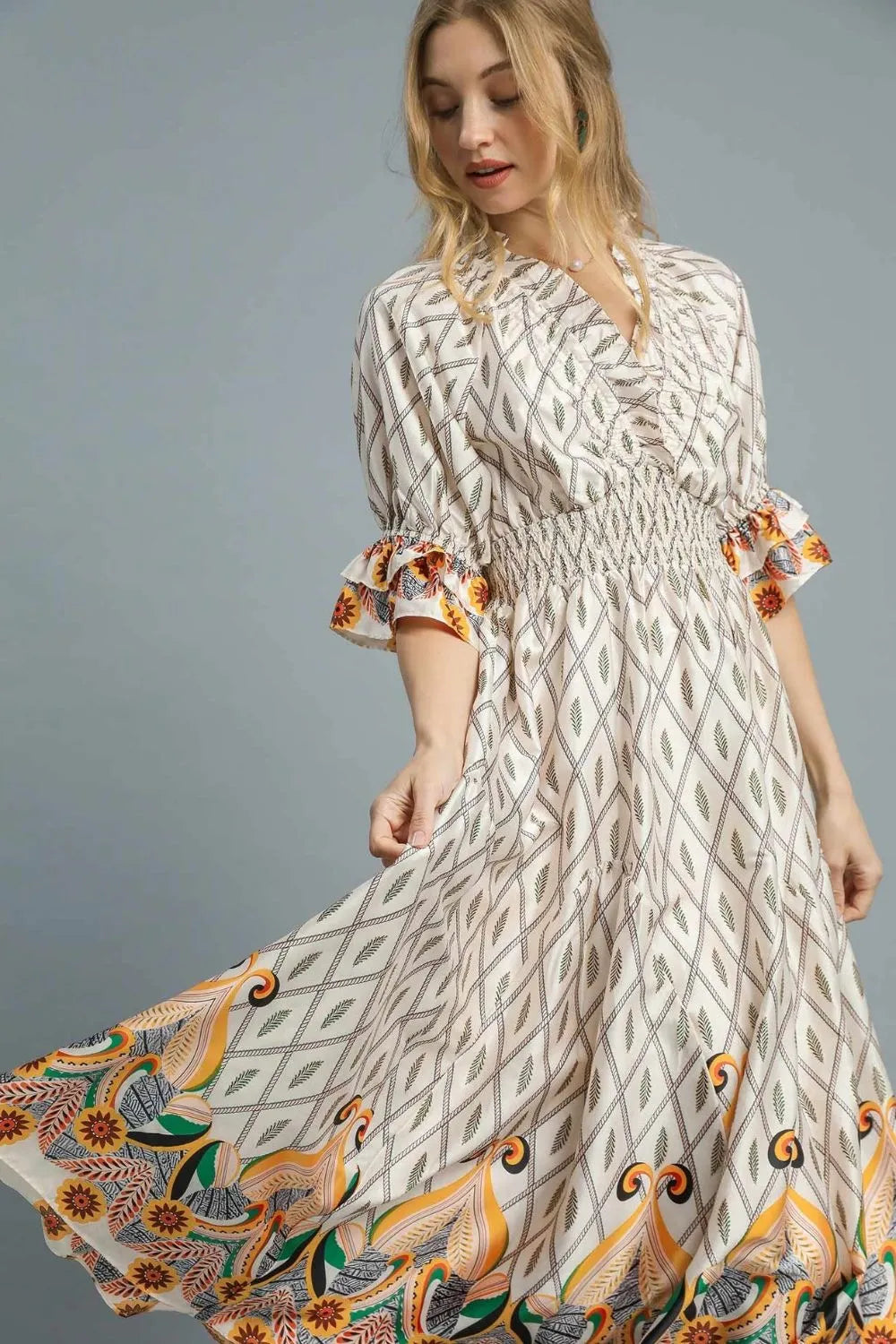 Geometric Diamond Print Boho Midi Dress with Flounce Sleeves