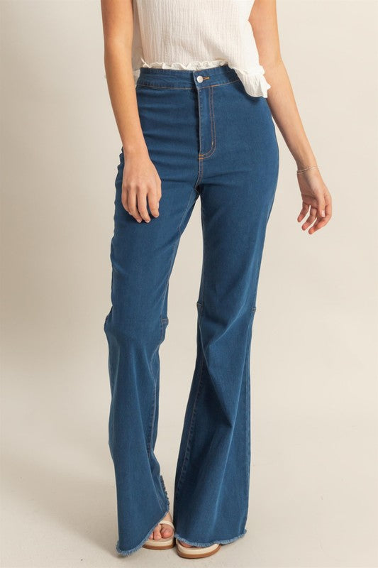 Raw Hem High-Waist Washed Flared Jeans