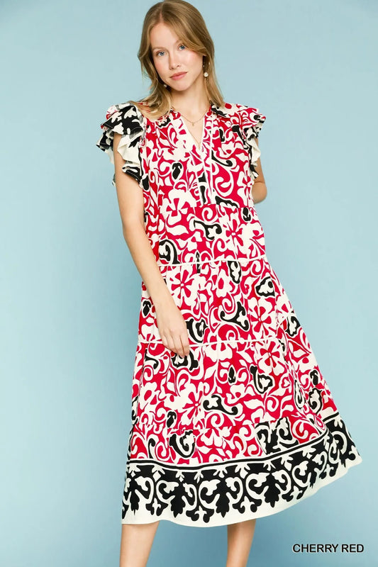 Bohemian Floral Ruffle Sleeve Midi Dress