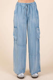 Mittoshop Washed Elastic Waist Cargo Wide Leg Pants