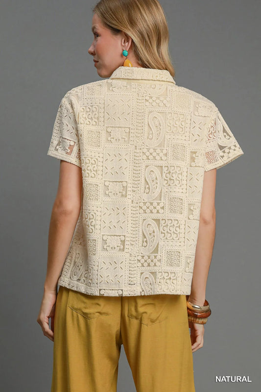 Patch Lace Short Sleeve Button-Up Shirt