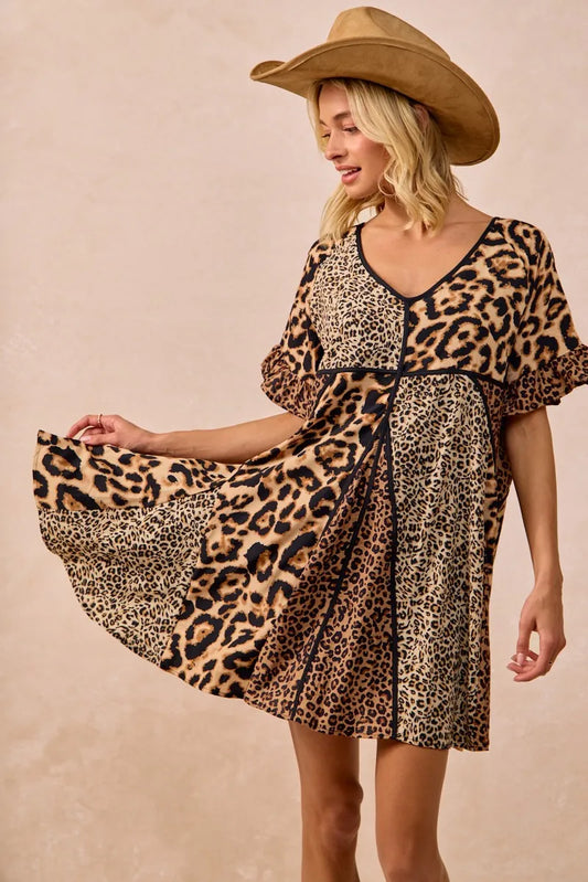 Leopard Prints Mix and Match Short Sleeves Dress