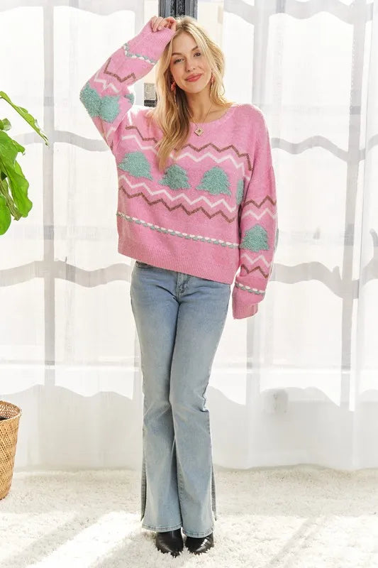 Full Size Fluffy Tree Sweater Top