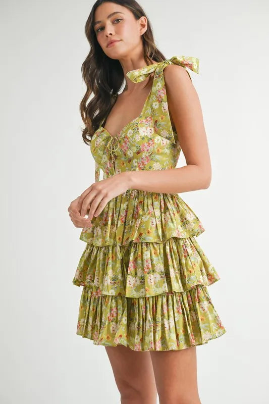 Floral Print Shoulder Tie Layered Mini Dress