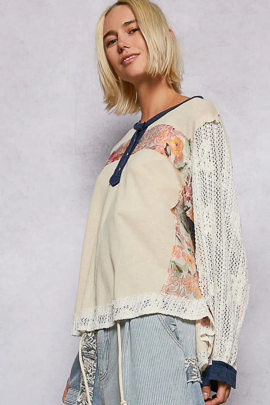 Crochet Sleeve Boho Patchwork Button Detail Top