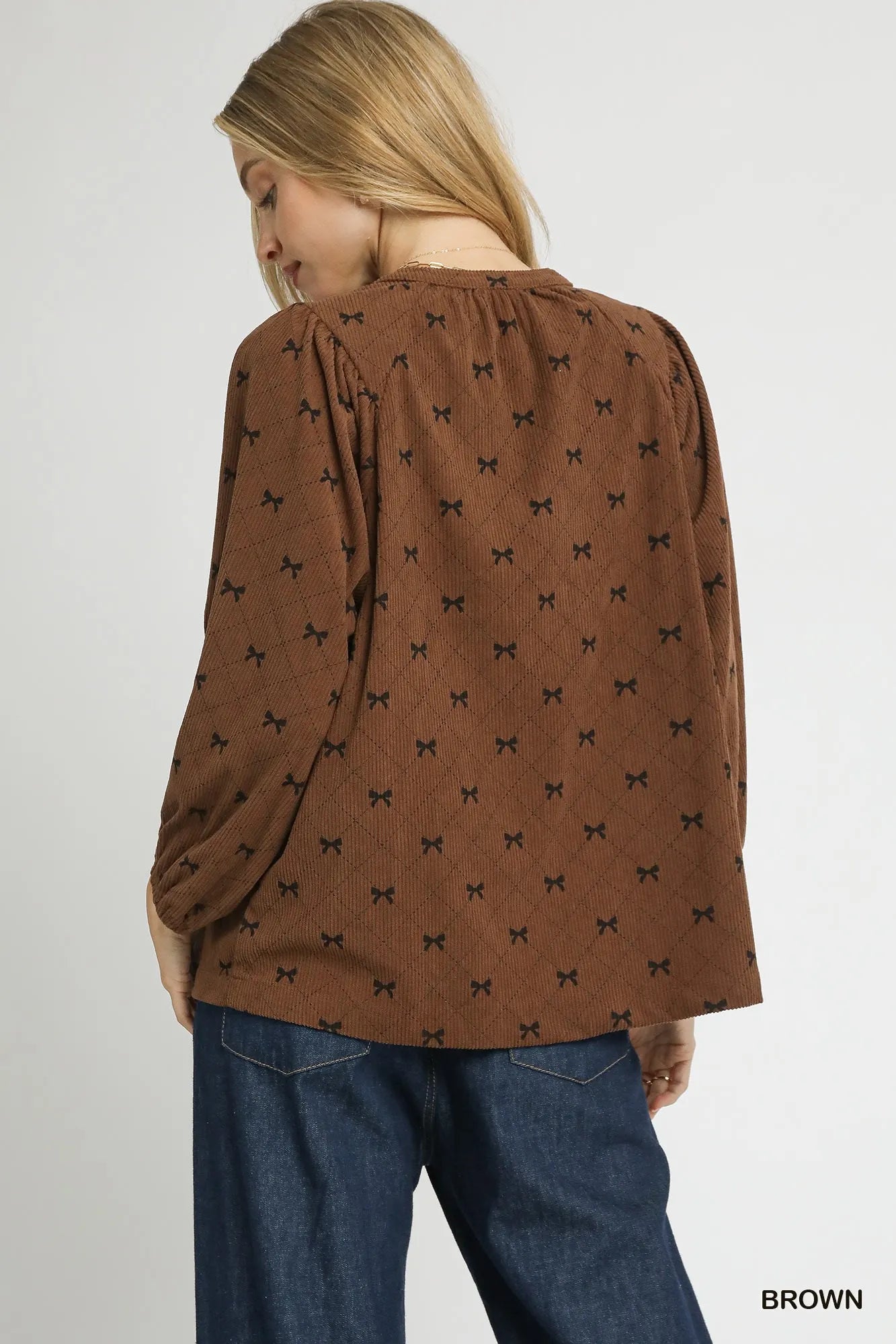 Retro Bow Pattern Balloon Sleeve Corduroy Blouse
