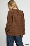 Retro Bow Pattern Balloon Sleeve Corduroy Blouse