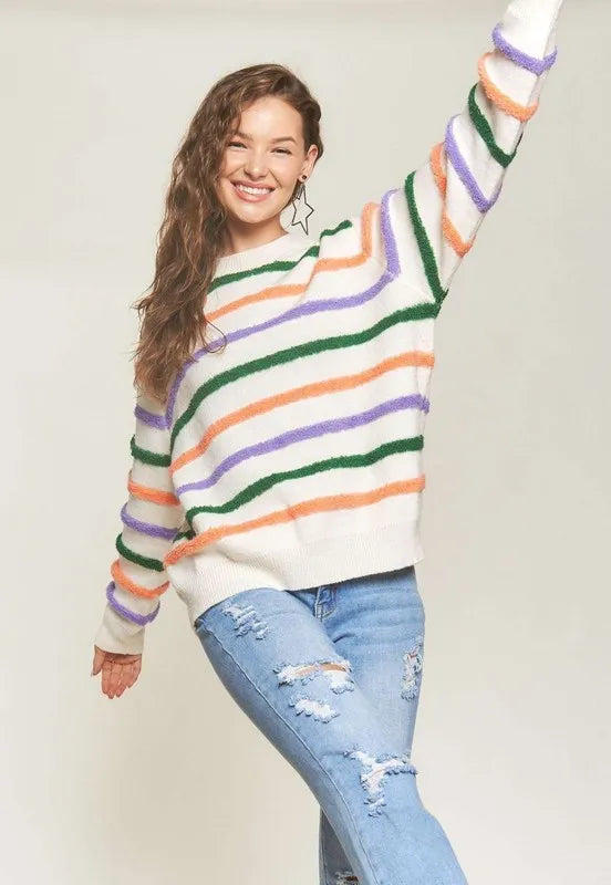 Fluffy Stripe Casual Sweater Top