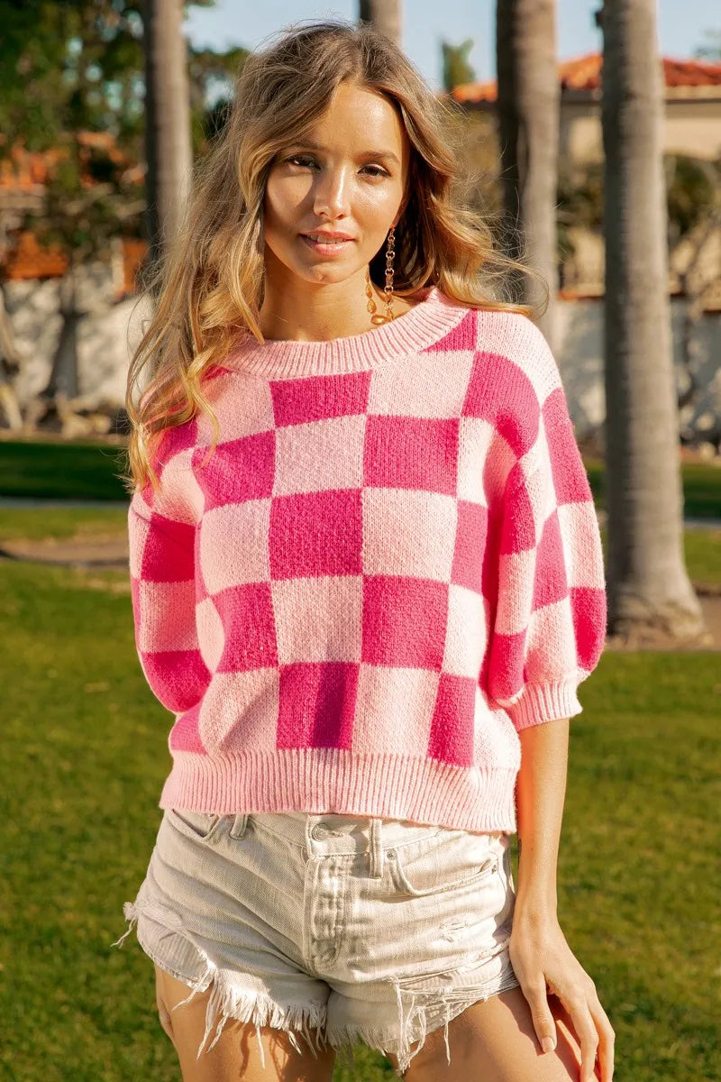 Check Pattern Short Puff Sleeve Sweater Top