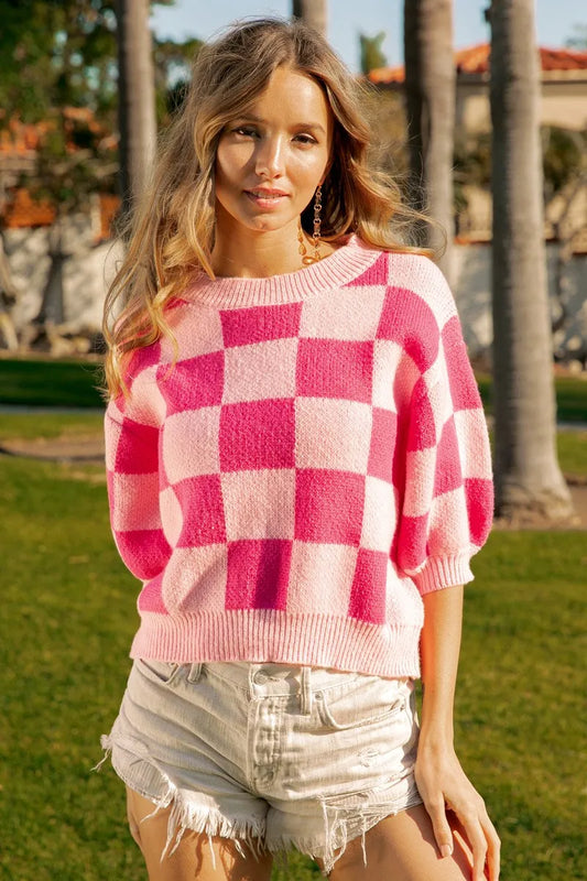 Check Pattern Short Puff Sleeve Sweater Top
