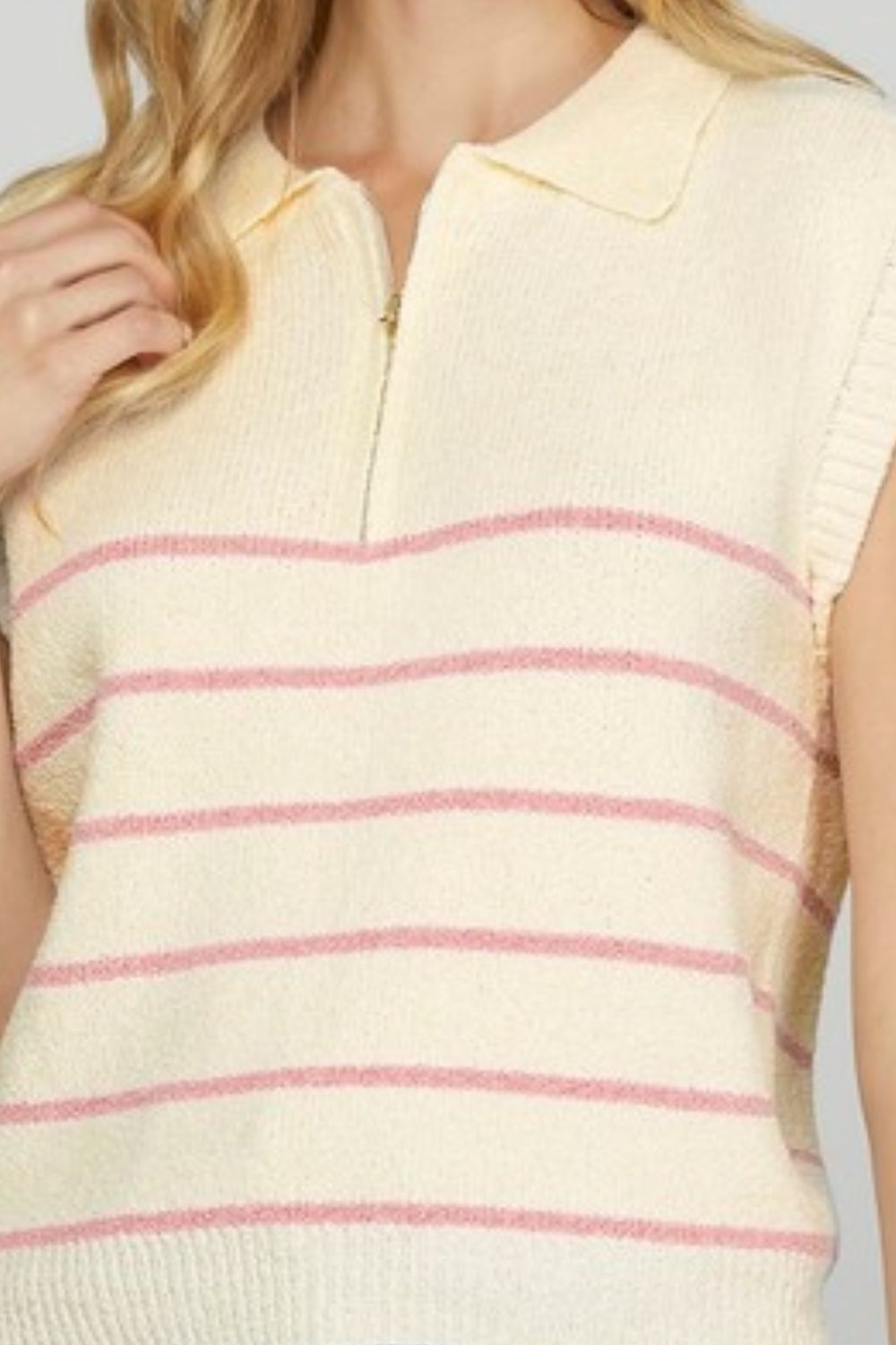 Full Size Ribbed Hem Striped Half Zip Sweater Vest Plus Size
